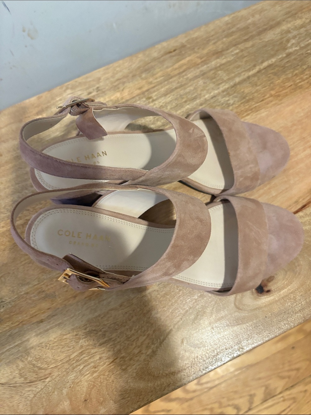 Cole Haan Suede Ankle-Strap Heels in Taupe Blush